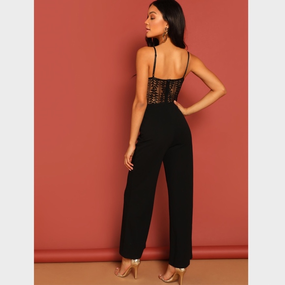 Wide Leg Lace Detail Cami Black Jumpsuit - Picture 2 of 8